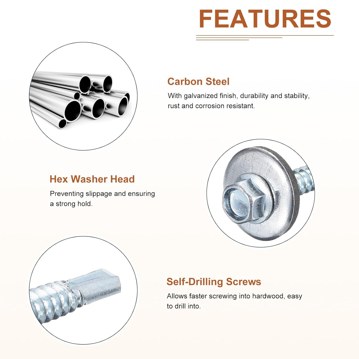 Hex washer head self-drilling screws with EPDM washers are commonly used in outdoor construction applications where a weather-resistant seal is required. The EPDM washer provides excellent resistance to weathering, ozone, and UV exposure, making it suitable for outdoor use. These screws are often used in metal roofing, siding, and other exterior applications where a watertight seal is essential to prevent water infiltration and ensure long-term durability. The combination of the self-drilling feature, hex washer head, and EPDM washer makes these screws convenient and effective for outdoor construction projects.