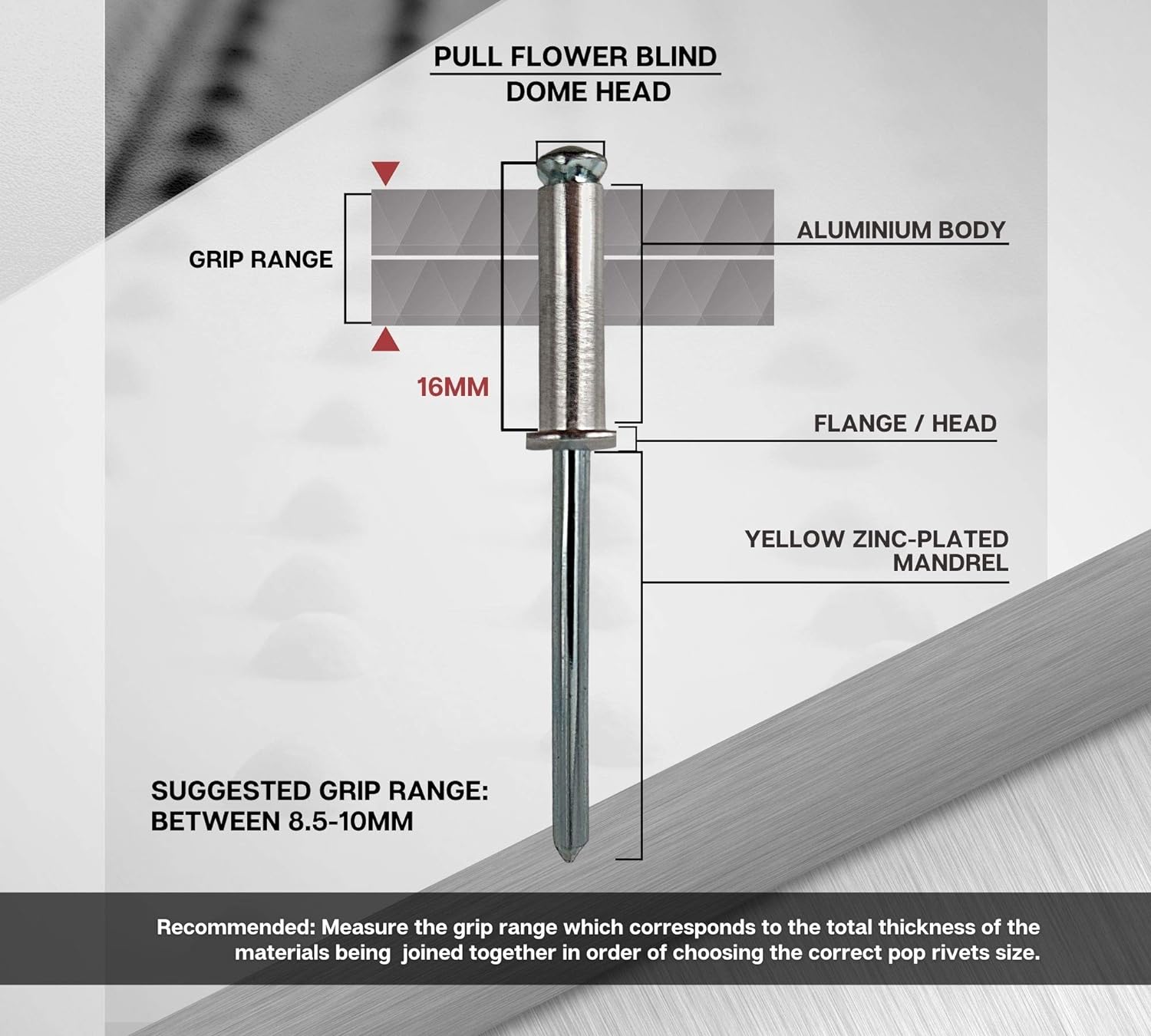 Peel flower blind rivets, also known as peel type blind rivets, are a type of blind rivet that features a unique design for specific applications. These rivets are characterized by a mandrel that, when pulled, causes the rivet body to split into several petals or segments, creating a large flange on the blind side of the joint. This flange provides a larger bearing surface, making peel flower blind rivets suitable for applications where a strong and secure fastening is required.  Peel flower blind rivets are commonly used in applications where there is a need for a wide grip range, high shear and tensile strength, and resistance to pull-through forces. They are often used in industries such as automotive, aerospace, construction, and manufacturing, where they provide a reliable and efficient fastening solution for a variety of materials.  The unique design of peel flower blind rivets allows them to be used in applications where there is a need for a large blind side bearing area, such as attaching soft or brittle materials, or joining materials with irregular or oversized holes. Additionally, the large flange created by the rivet can distribute the load over a wider area, reducing the risk of damage to the materials being joined.  When using peel flower blind rivets, it's important to select the appropriate rivet size and material to ensure a secure and reliable fastening. Proper installation techniques should also be followed to achieve the desired performance from these specialized blind rivets.