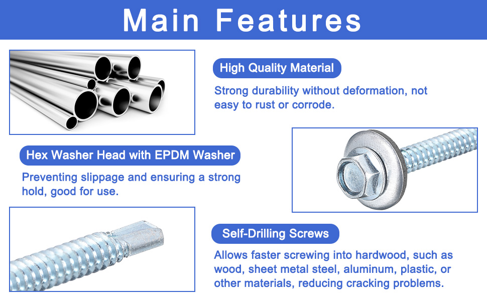 DIN 7504 zinc plated self-drilling screws with EPDM washers are commonly used in construction and metalworking applications where a weather-resistant seal is required. The EPDM washer provides excellent resistance to weathering, ozone, and UV exposure, making it suitable for outdoor use. These screws are often used in metal roofing, siding, and other exterior applications where a watertight seal is essential to prevent water infiltration and ensure long-term durability. The self-drilling feature and zinc plating further enhance their suitability for outdoor and high-moisture environments.