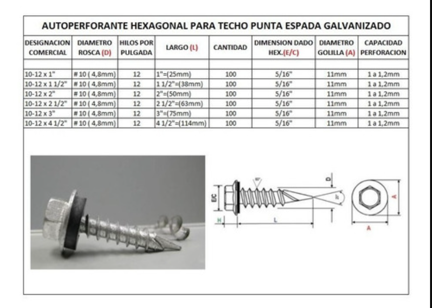 Tornillo Autoperforante Hex Techo Pta Espada