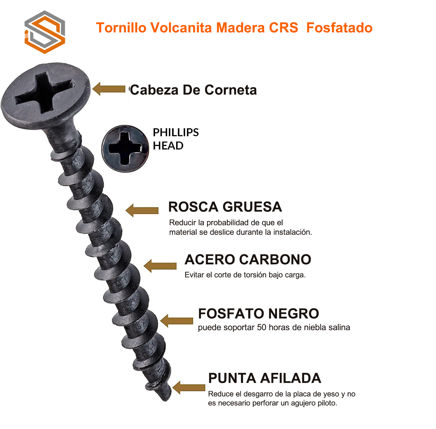 Tornillo Volcanita Rosca Madera CRS Negro